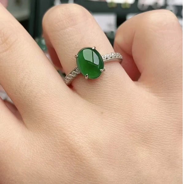 鑫辰珠宝天然A货翡翠银镶嵌设计款开口女戒指时尚百搭