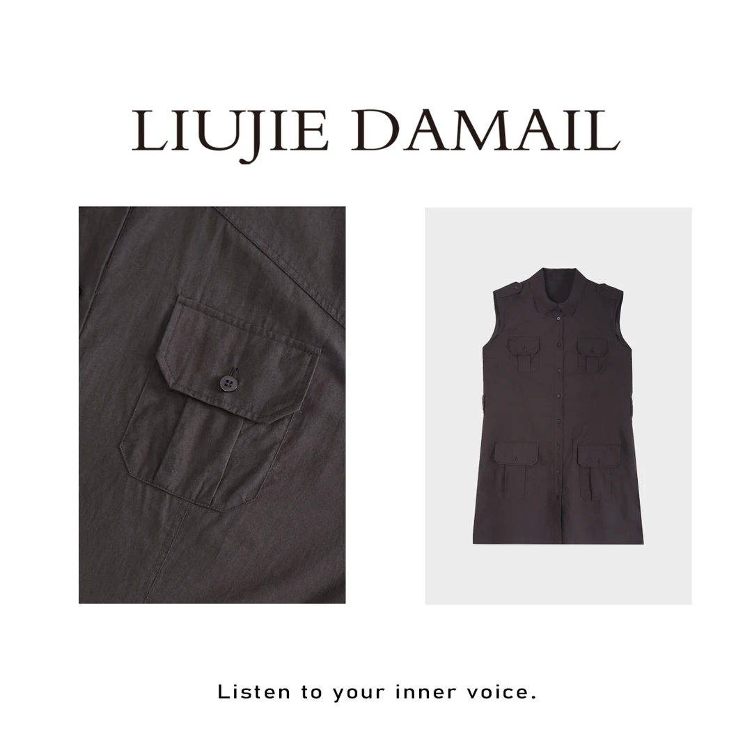 摩卡慕斯/liujie/2025年夏季高定设计师新款极简翻领口袋连衣裙