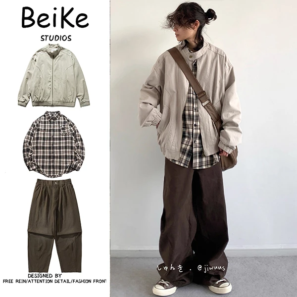 两件装/春秋秋季复古工装夹克男女学生宽松通勤休闲外套长男装