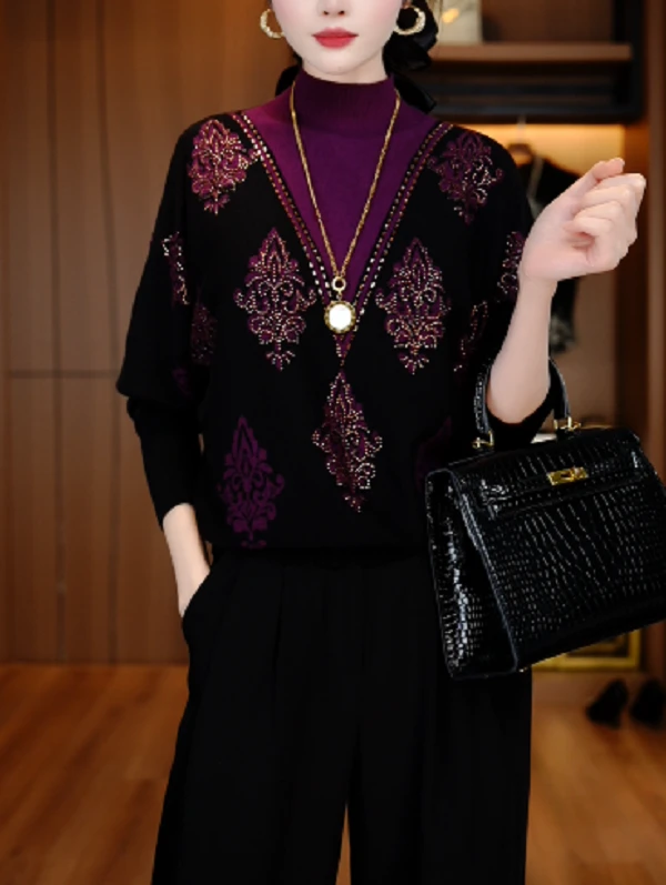 长袖毛衣女士印花抗起球时尚气质春秋新款常规款百搭V25Q1604