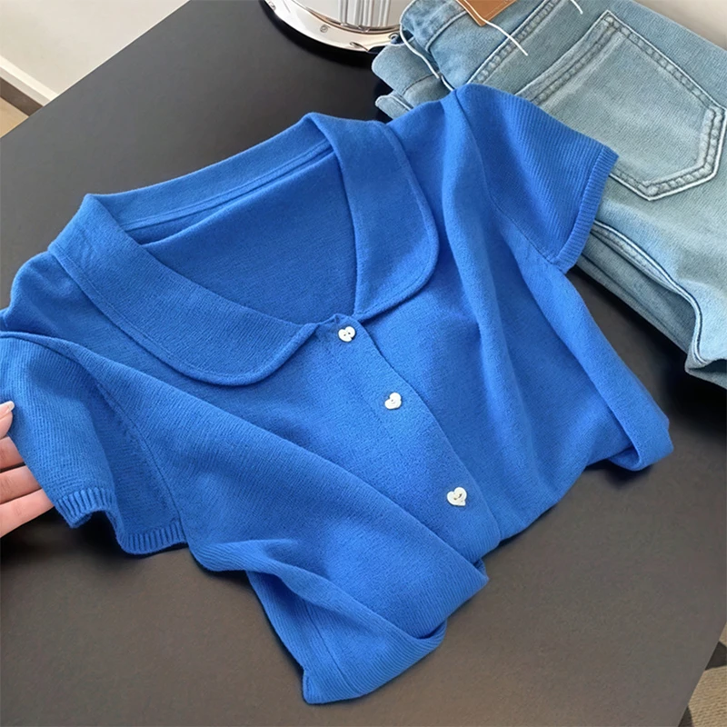 克莱因蓝色娃娃领针织正肩短袖T恤女多巴胺上衣2025新款爆款夏季