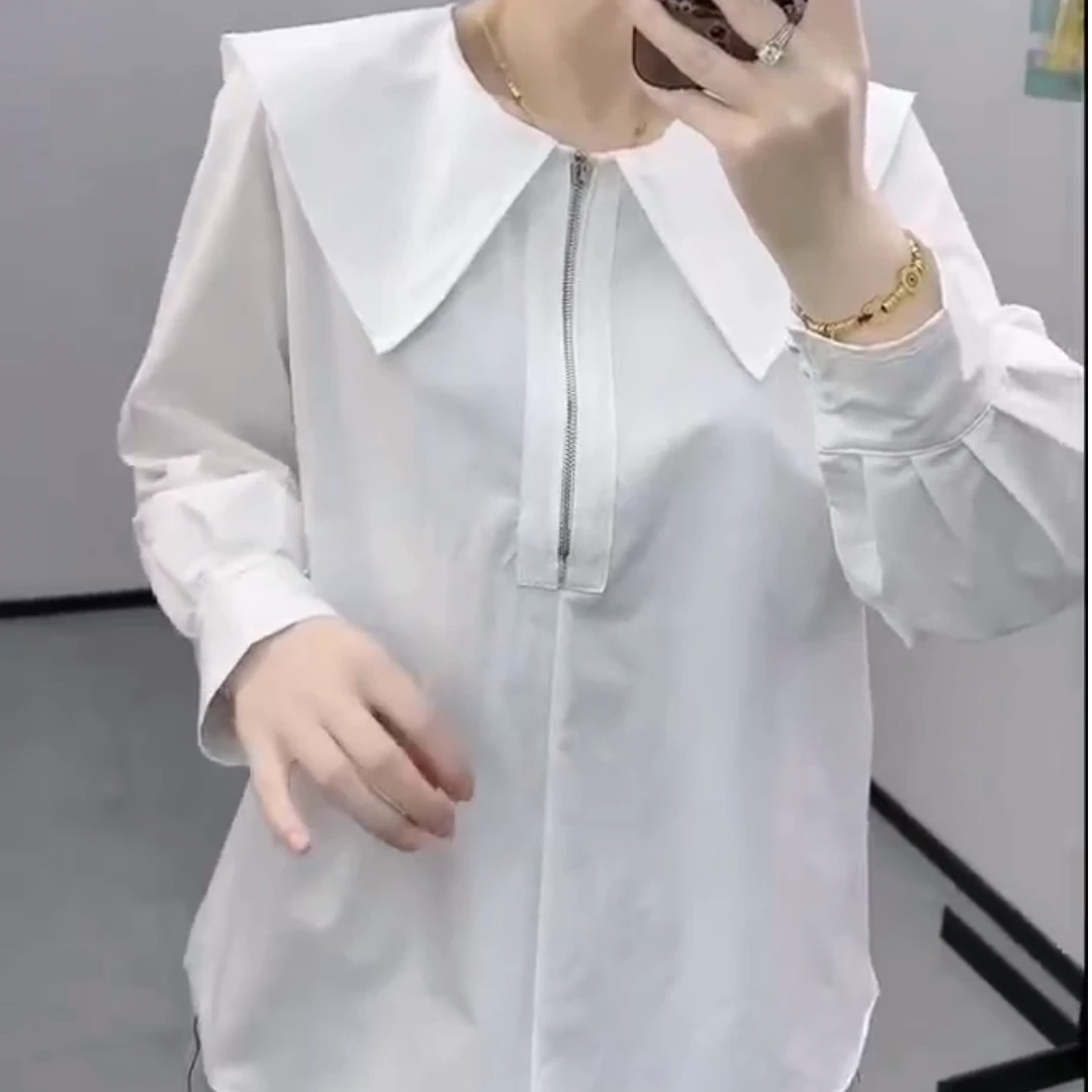 5002半拉链韩系纯色衬衫春季新款胖mm大码娃娃领设计感小众衬衣女