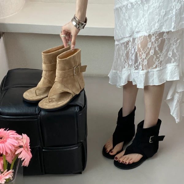 GF-559-5夹趾凉靴新款绒面镂空露趾皮带扣内增高时尚短靴罗马凉鞋