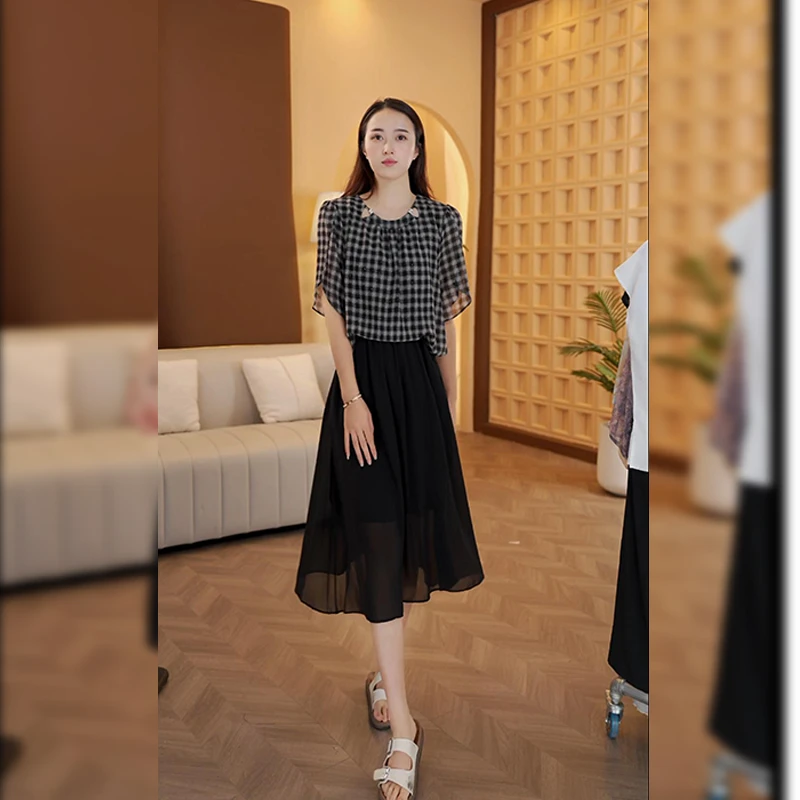 法式设计感显瘦假两件连衣裙2025夏季新款轻奢优雅短袖裙子5358#