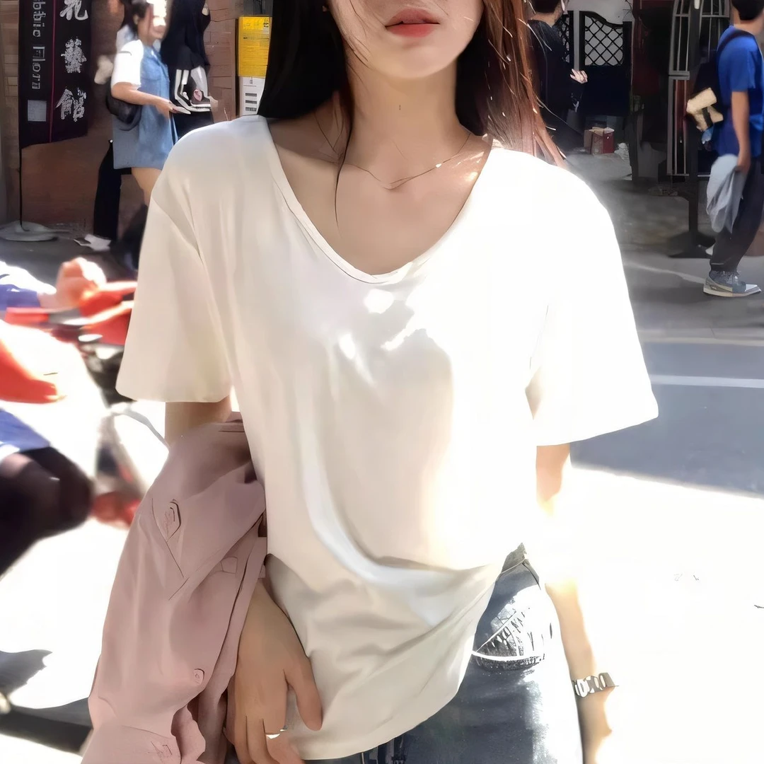 短袖T恤女网红白色时尚V领正肩夏季新款宽松百搭上衣女纯色休闲