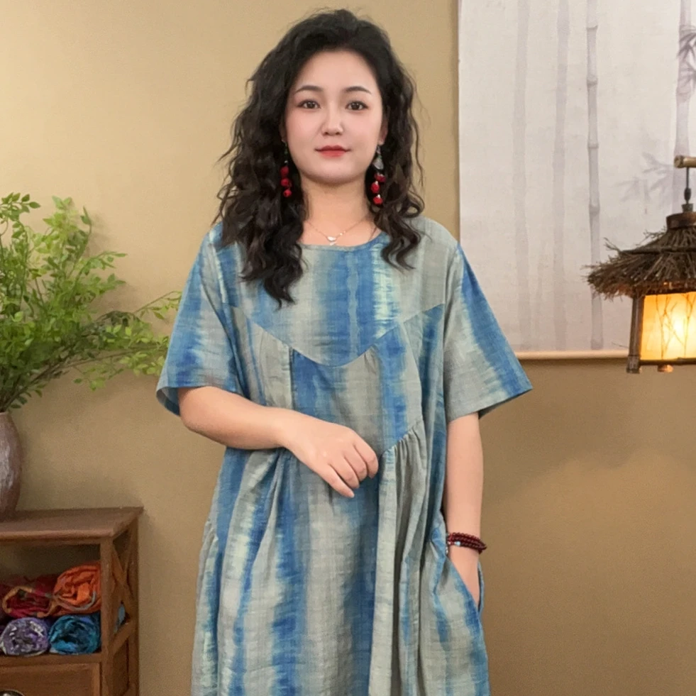 印花长裙短袖夏季复古大码连衣裙A字裙宽松腰中长裙