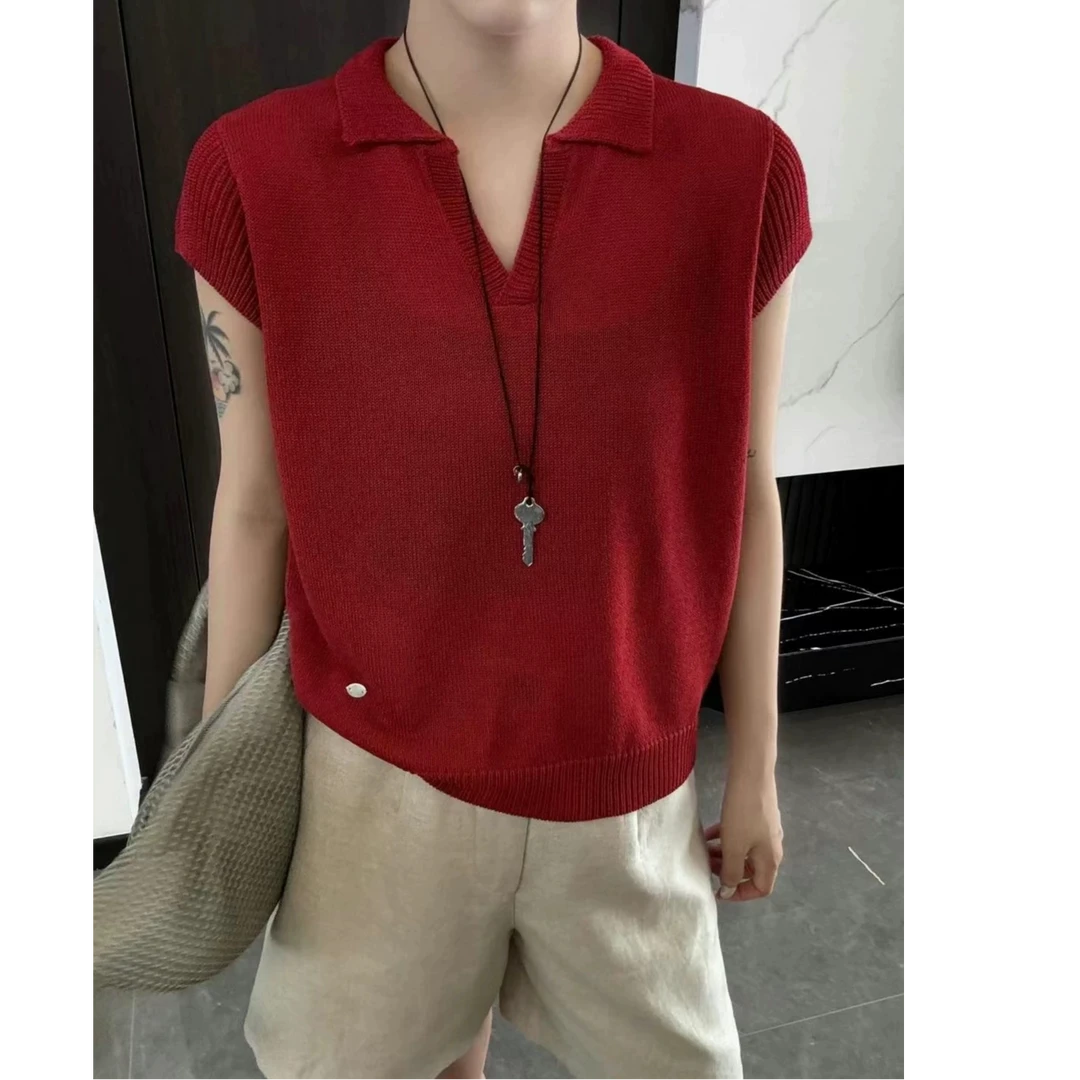 LB有运费补贴~酒红色V领时尚休闲复古镂空和纸纱上衣