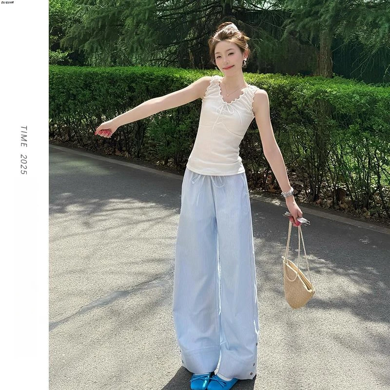 蓝色条纹阔腿休闲裤女2025夏季薄款慵懒风宽松显瘦垂感直筒拖地裤