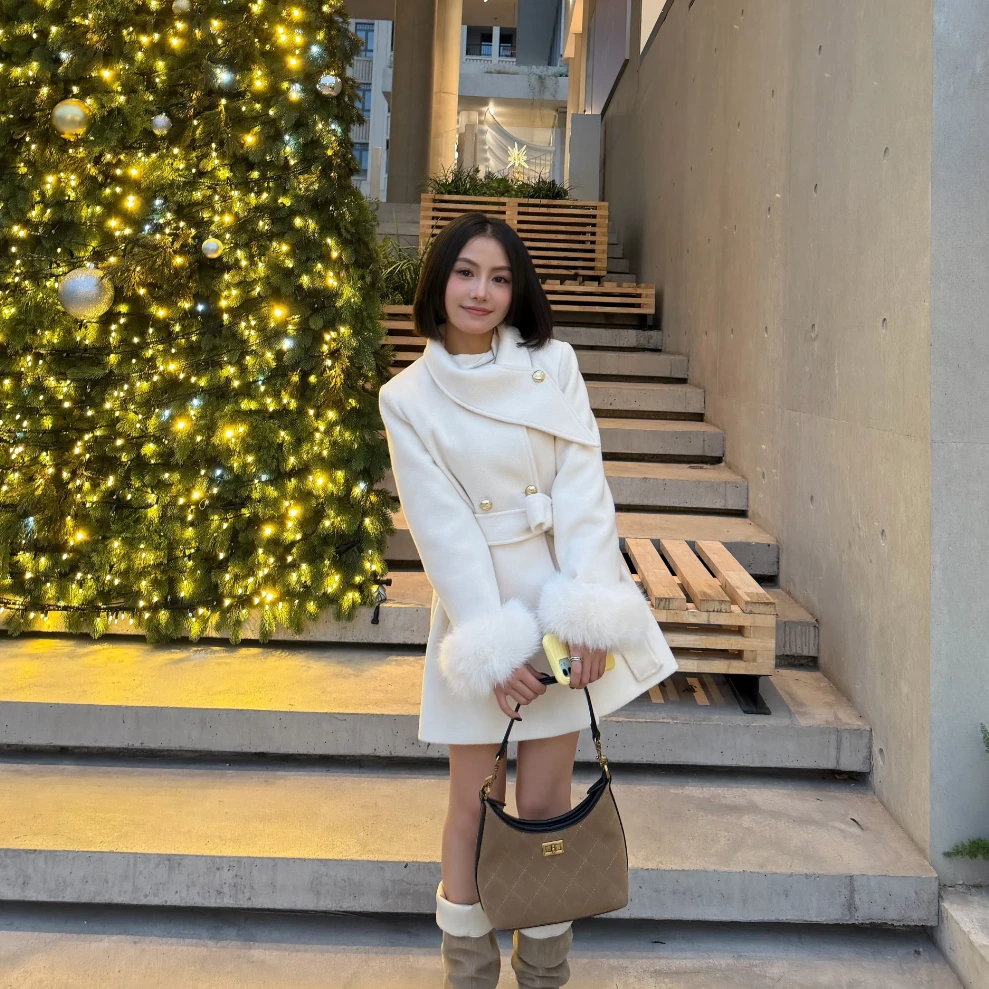 K N J小个子定制羊毛大衣千金感气质显瘦呢子夹棉短款收腰外套