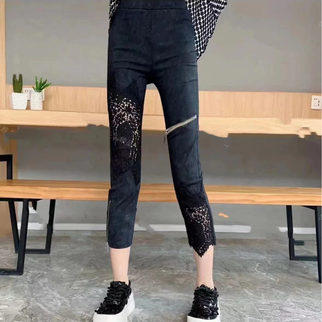 丽丽家 8788蕾丝印花新款拉链休闲烟管裤