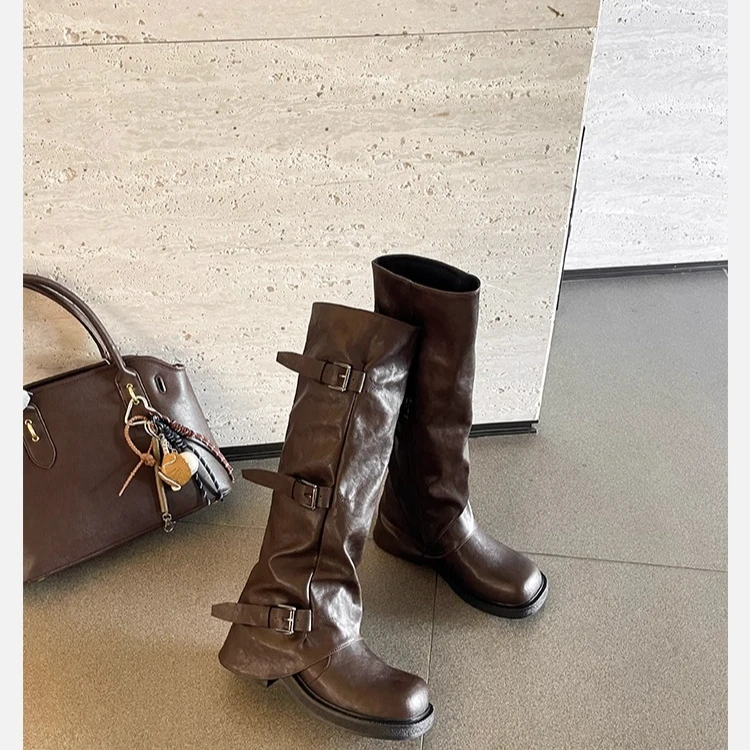 TAAZIEO增高厚底裤管靴女冬季骑士靴子女长筒靴粗跟扣带中筒堆靴