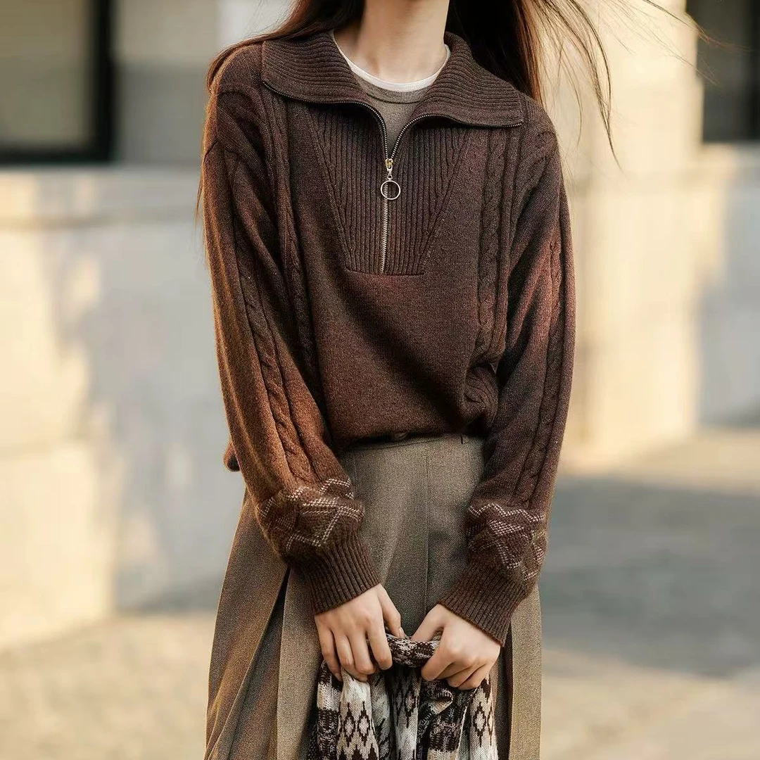 E+女装 牦牛绒羊毛拉链美拉德针织衫毛衣 2025冬装新款