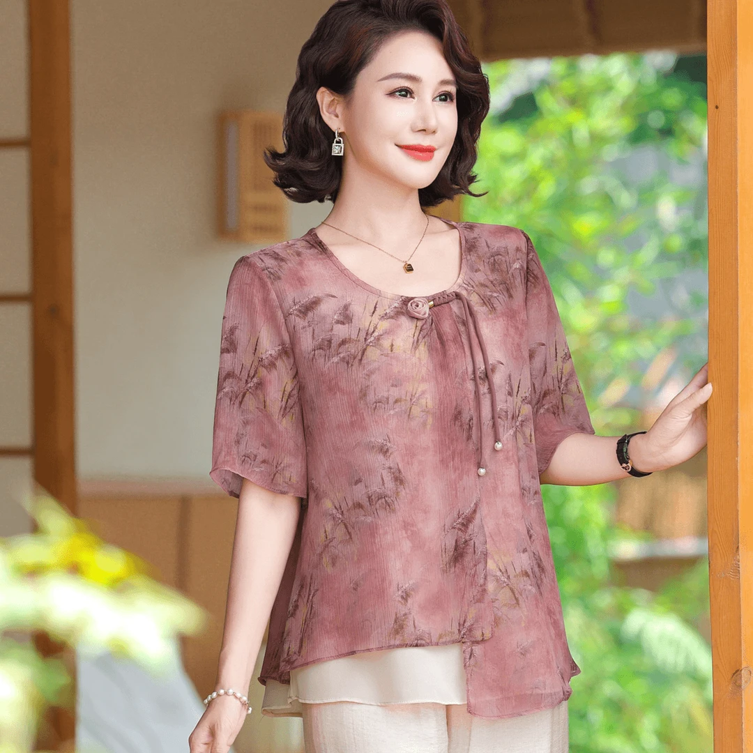 妈妈装夏装T恤短袖洋气中老年女衣服气质宽松上衣薄款雪纺小衫