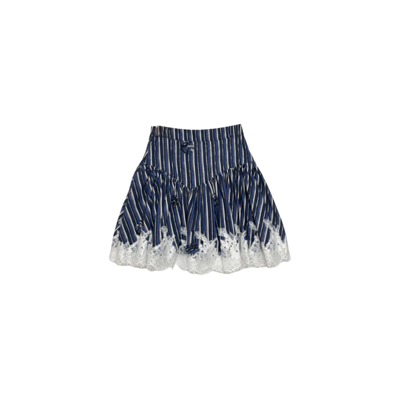 南油小众设计师新品蓝竖条拼蕾丝边蓬蓬半身裙7734