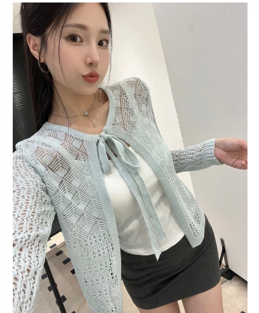 薄款夏季圆领防晒女春季毛针织衫宽松百搭洋气空调衫镂空设计感