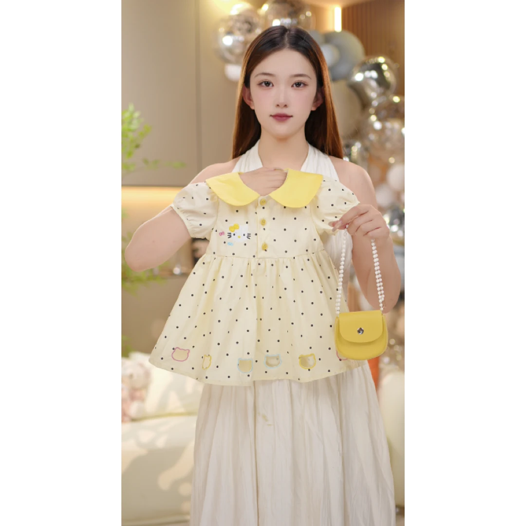 女童夏季连衣裙2025新款波点镂空刺绣kitty猫娃娃领棉连衣裙6599
