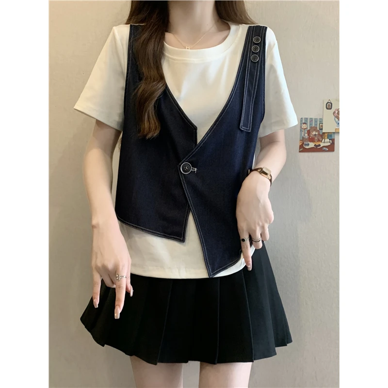 2025夏季新款独特假两件短袖T恤大码女装胖mm时尚显瘦遮肚子上衣