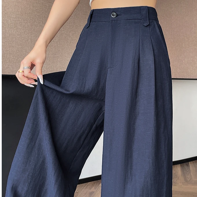 2025夏季新款冰丝亚麻阔腿裤薄款小个子高腰休闲裤直筒拖地裤女
