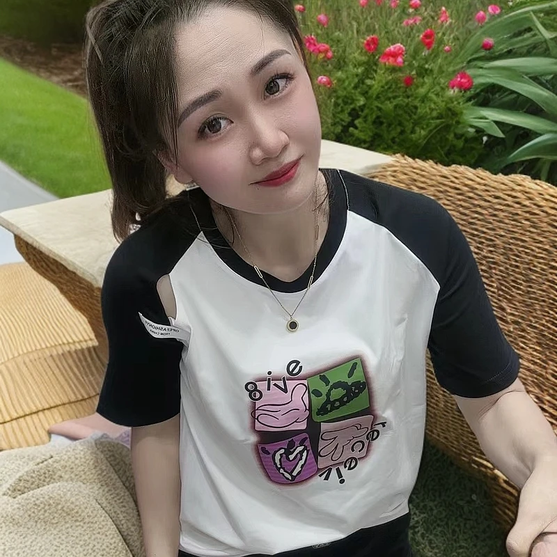 《丽丽家》夏款休闲时尚潮流百搭洋气方块图拼色短袖T恤
