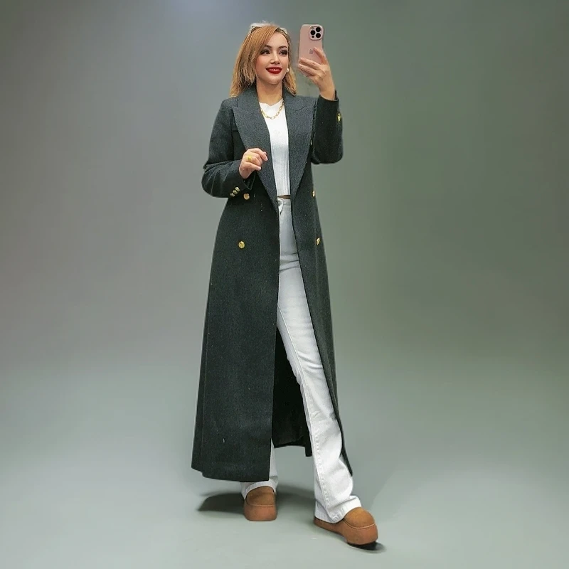 女士秋冬时尚气质过膝加长修身显瘦款毛呢大衣9956