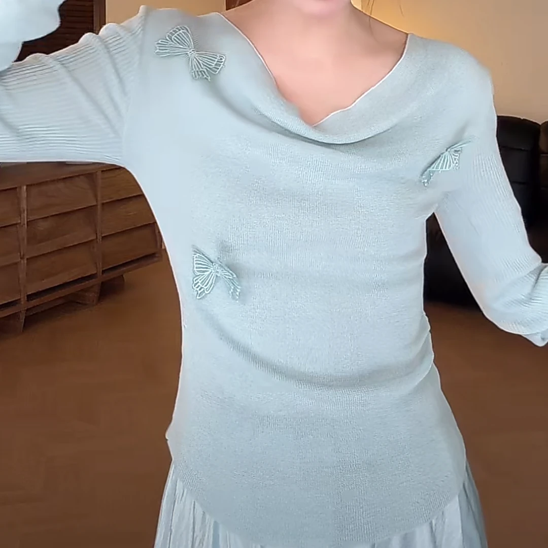 纯欲荡领蝴蝶结长袖针织衫显瘦百搭女2025新款春季设计感纯色上衣