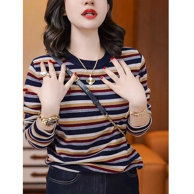 潮流新款百搭条纹上衣2025秋季显瘦舒适百搭长袖T恤女长袖打底衫