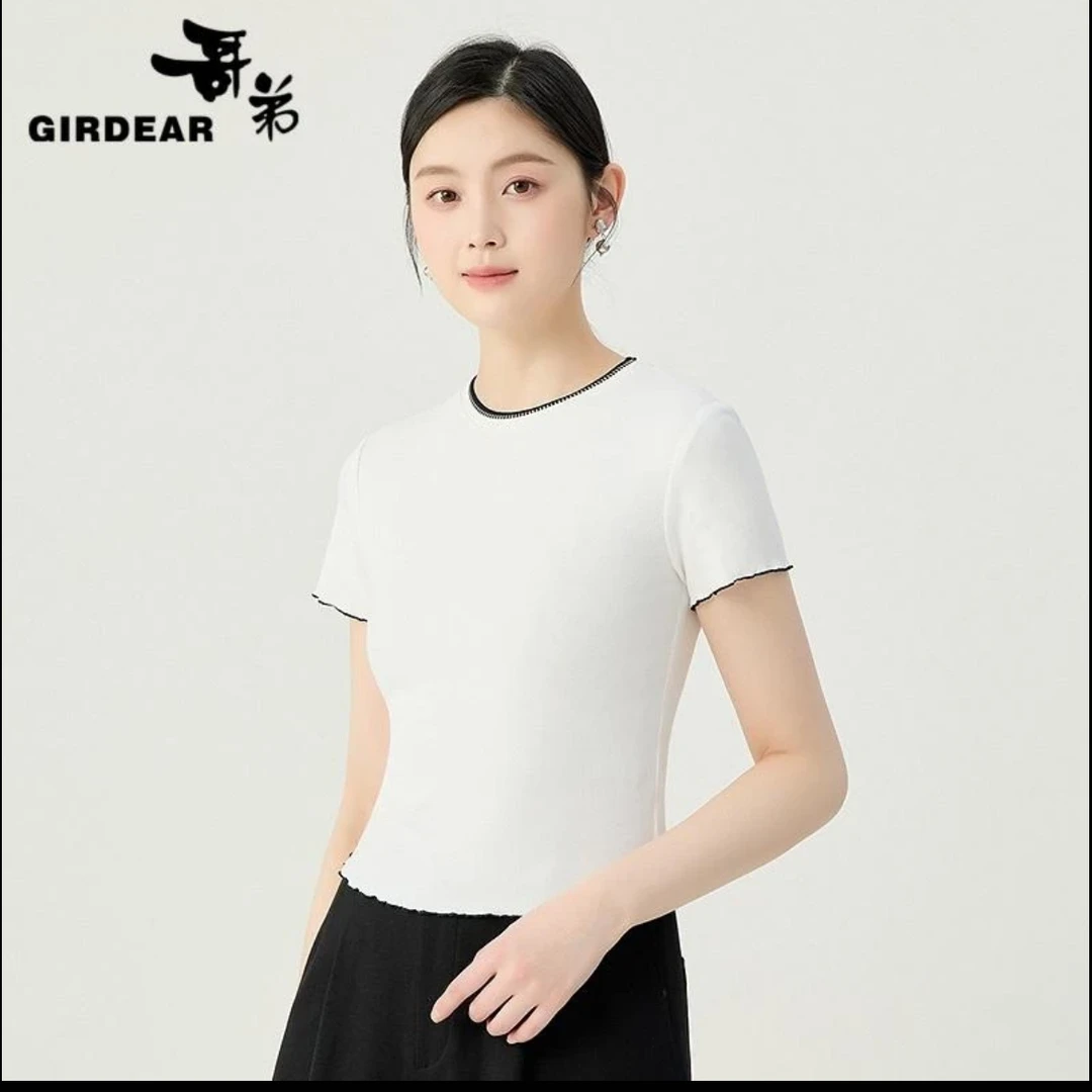 GIRDEAR/哥弟春夏季新款气质内搭打底纯色短款圆领t恤女款 130026