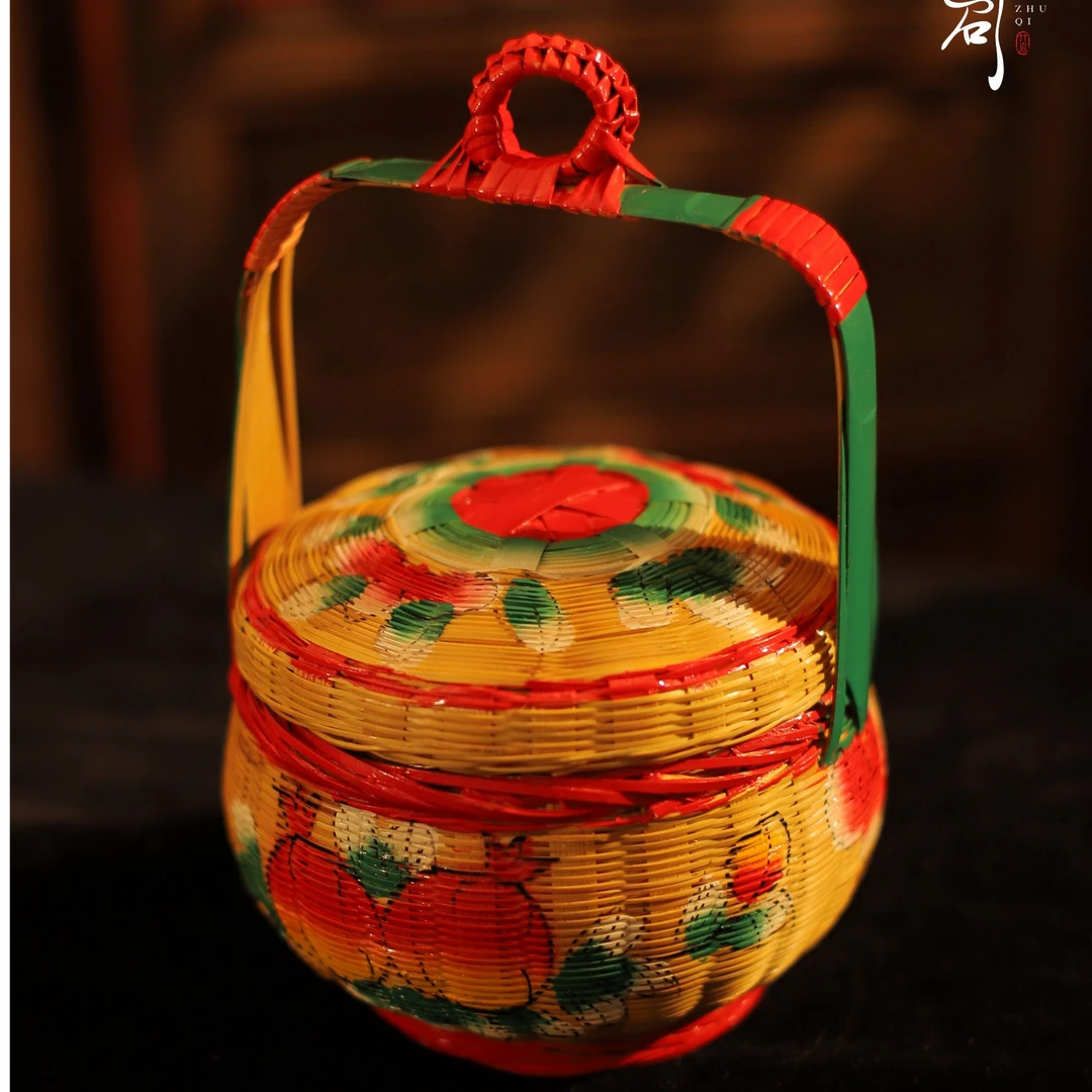 直径18公分出花园掼蛋潮州手绘花篮手工竹编篮子婚嫁喜事