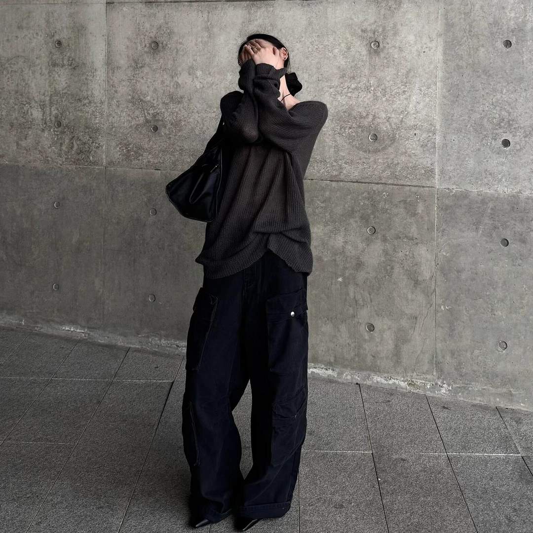 2025新款早秋女镂空v领毛针织衫宽松针织帽衫宽松型纯色长袖休闲