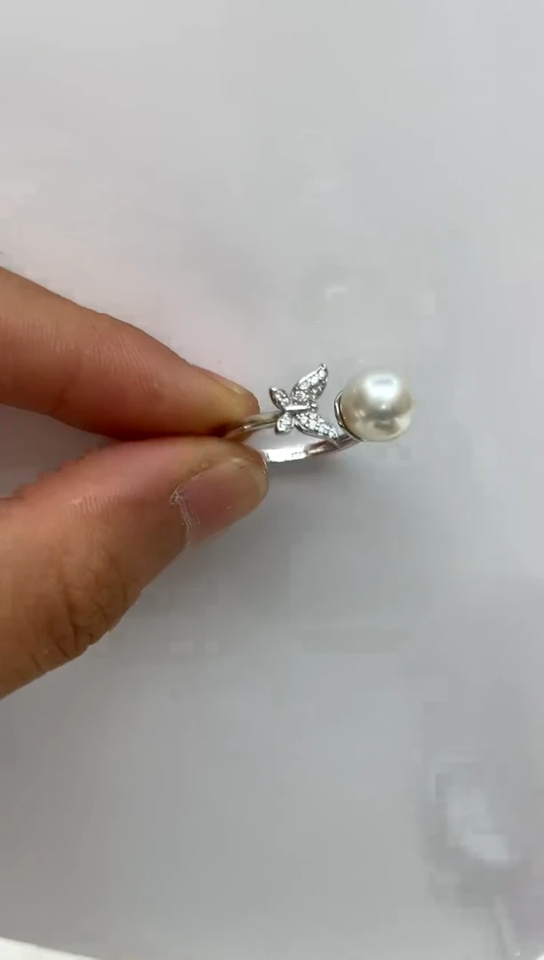 银S925镶嵌戒指海水珍珠8-9