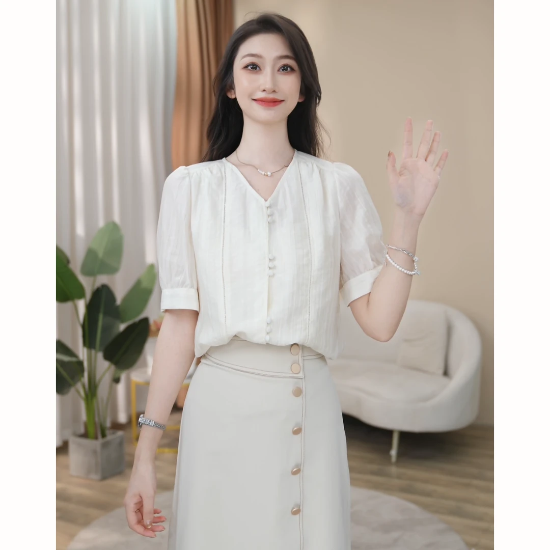 【曼贝】气质风短袖衬衫女时尚百搭设计感职业上衣8492232【甜甜】