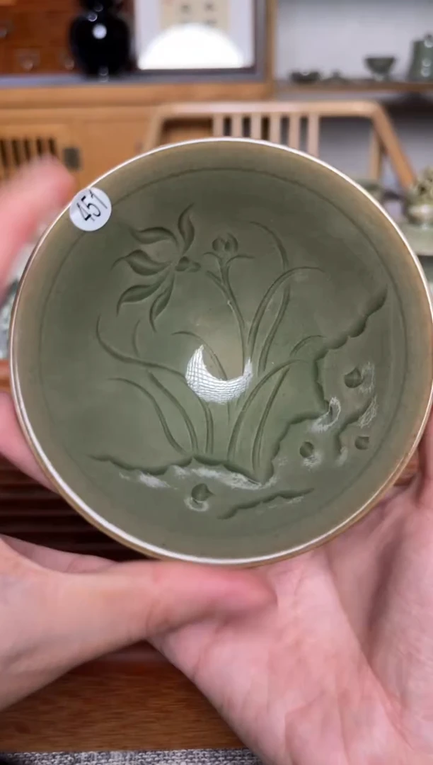 瓷器451纯手工秘色斗笠盏 微瑕