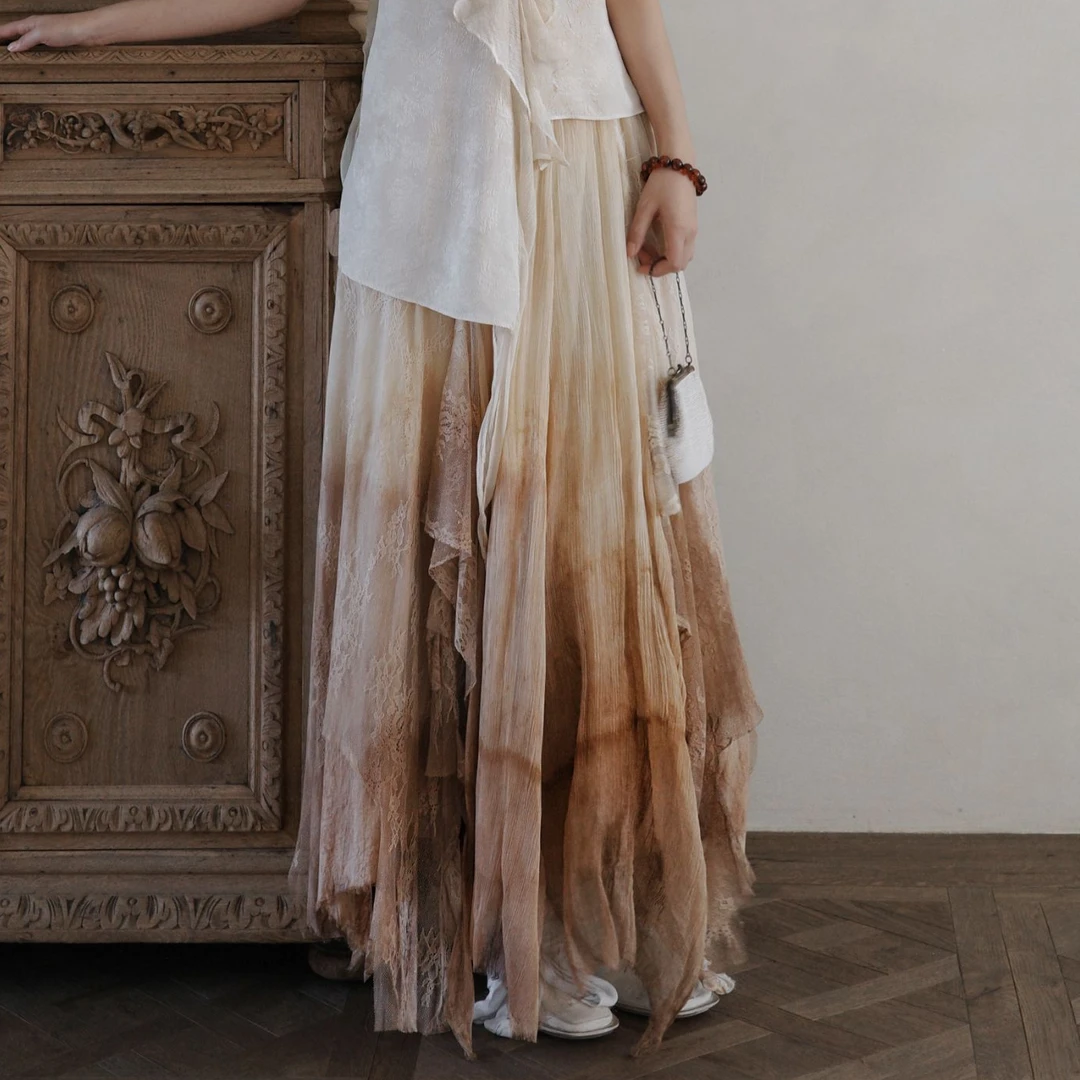 弥挲【圣诗挽歌】植物染侘寂蕾丝桑蚕丝半裙垂坠飘逸松紧腰半裙