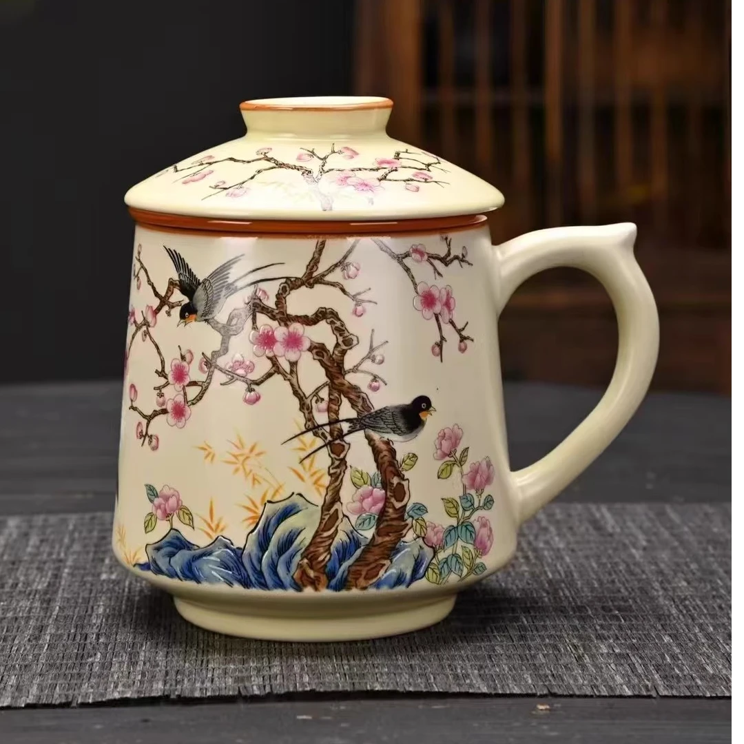 友名 喜上眉梢办公杯陶瓷带盖过滤茶水分离杯马克杯-4756