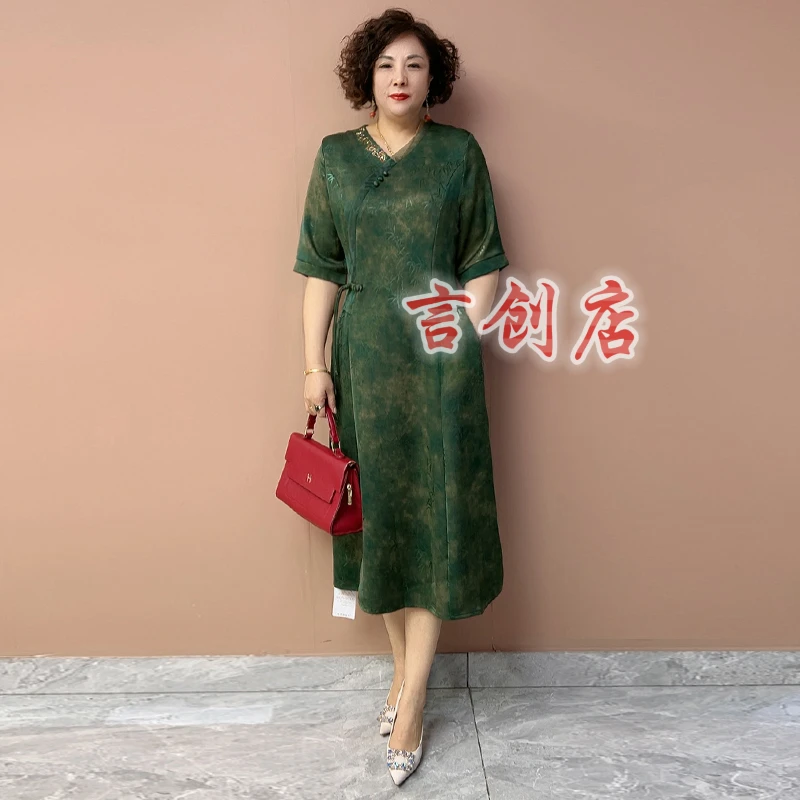 989夏装新中式国风真丝旗袍连衣裙中老年妈妈收腰显瘦桑蚕丝裙子