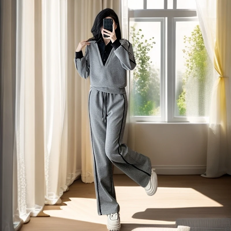 时尚套装裤女秋季2025新款设计感假两件上衣高端穿搭一整套两件套