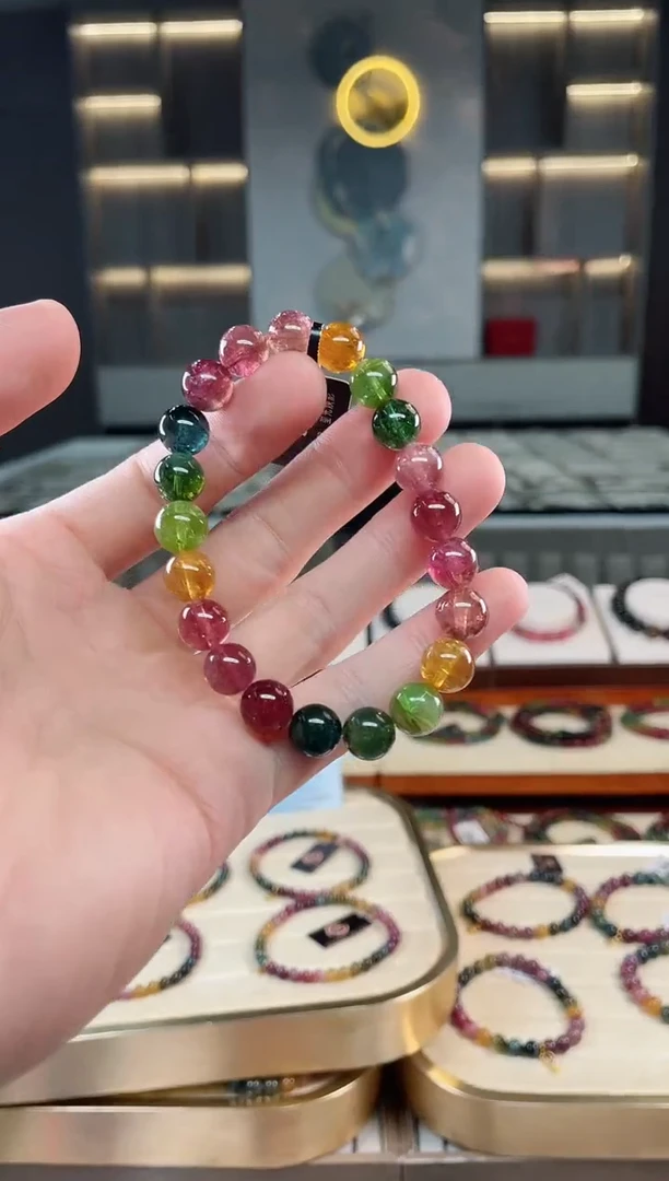 未镶嵌冰透体老矿碧玺彩虹单圈手串9mm+碧玺多样性发一条xion