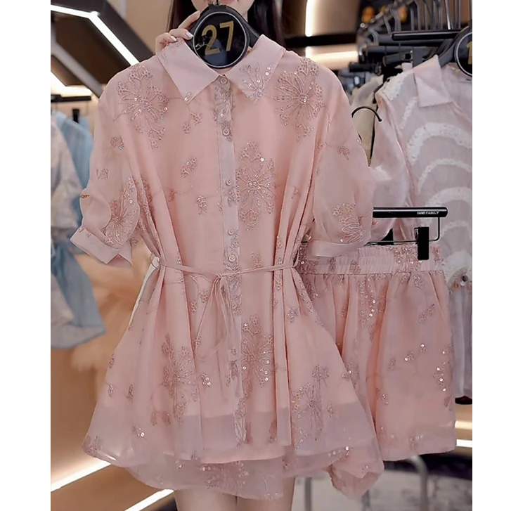 夏日绝美小套装2025夏季新款女法式重工刺绣衬衫高腰短裤两件套潮