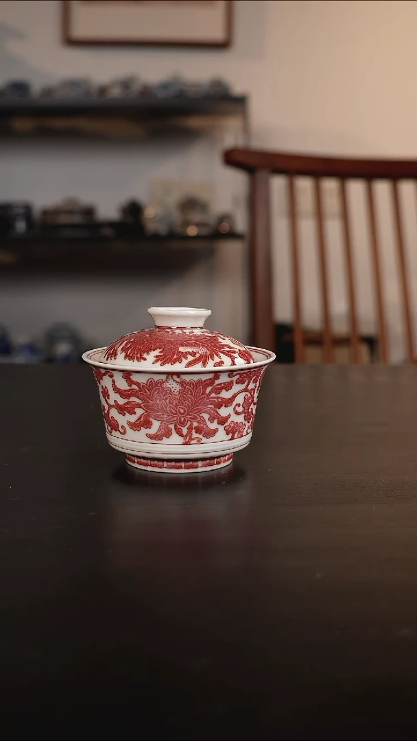 勤义堂全红傲菊盖碗