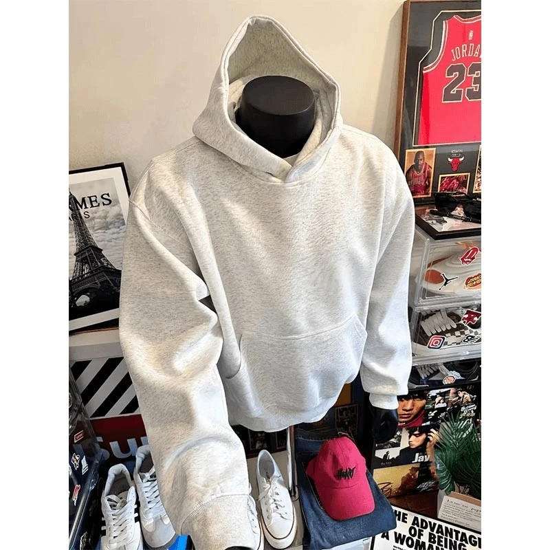 花灰色360克重磅硬挺卫衣男春秋季美式简约百搭连帽外套长袖休闲