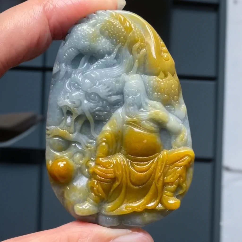 A货翡翠黄翡关公毛货买断需抛光三天尺寸67/45/10