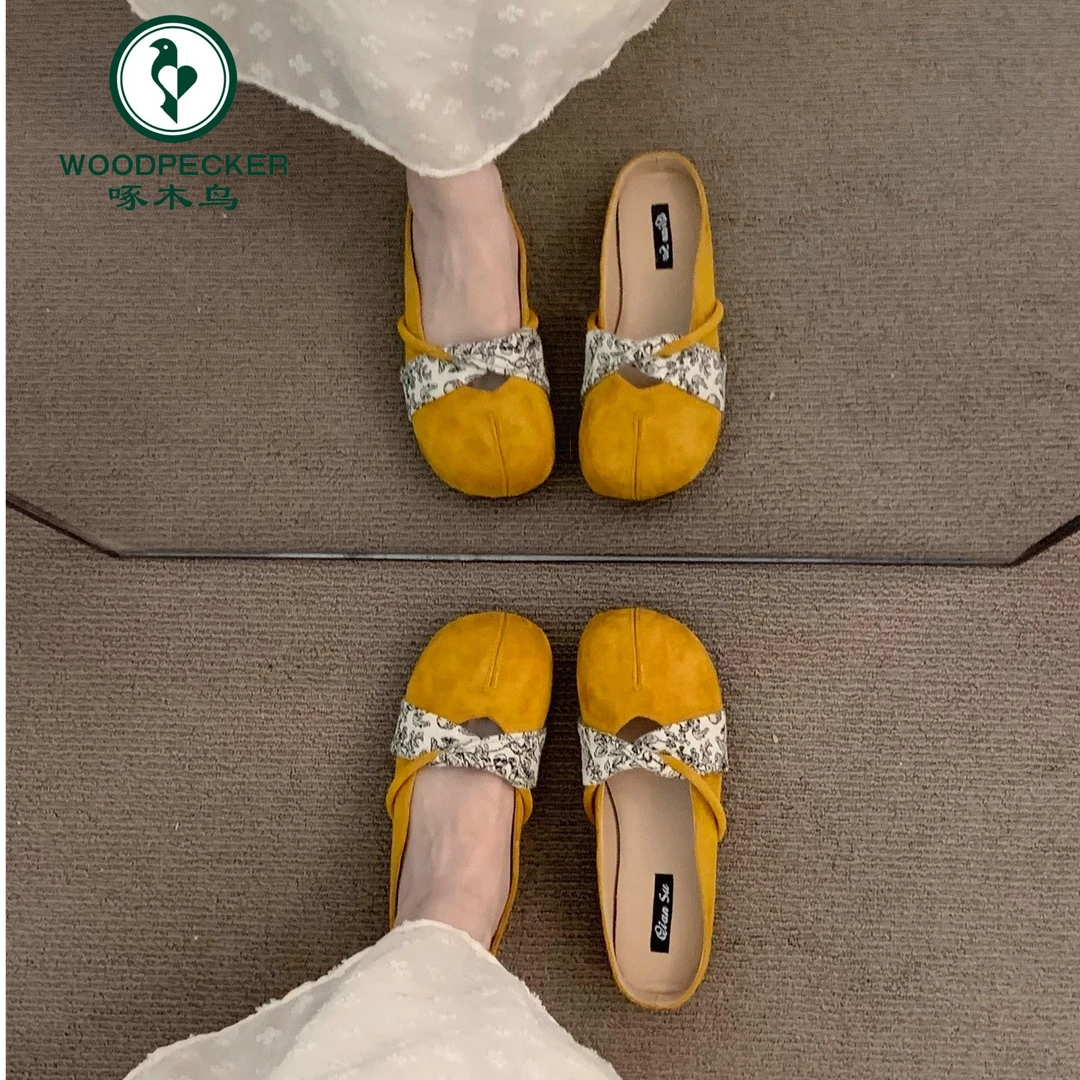 啄木鸟法式平底温柔猪蹄包头半拖鞋女外穿绒面配裙子晚晚奶奶鞋子