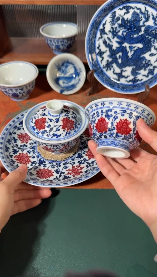 【闪购商品】杯永明尚玩青花狮心压手杯＋盖碗＋红狮心壶承