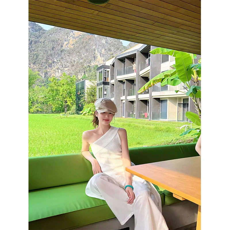 【现货秒发】春夏法式高级感显瘦斜肩上衣女富家千金高腰休闲阔腿裤