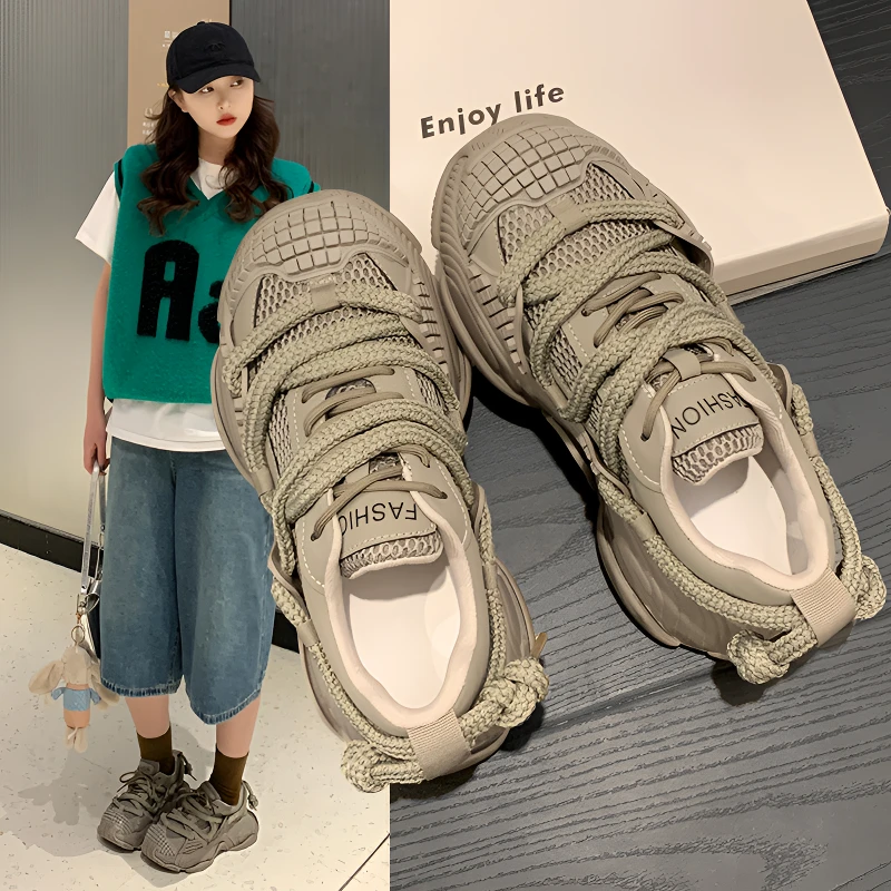 2025春季新款网面厚底运动鞋绑带时尚百搭软底轻便老爹鞋休闲鞋潮