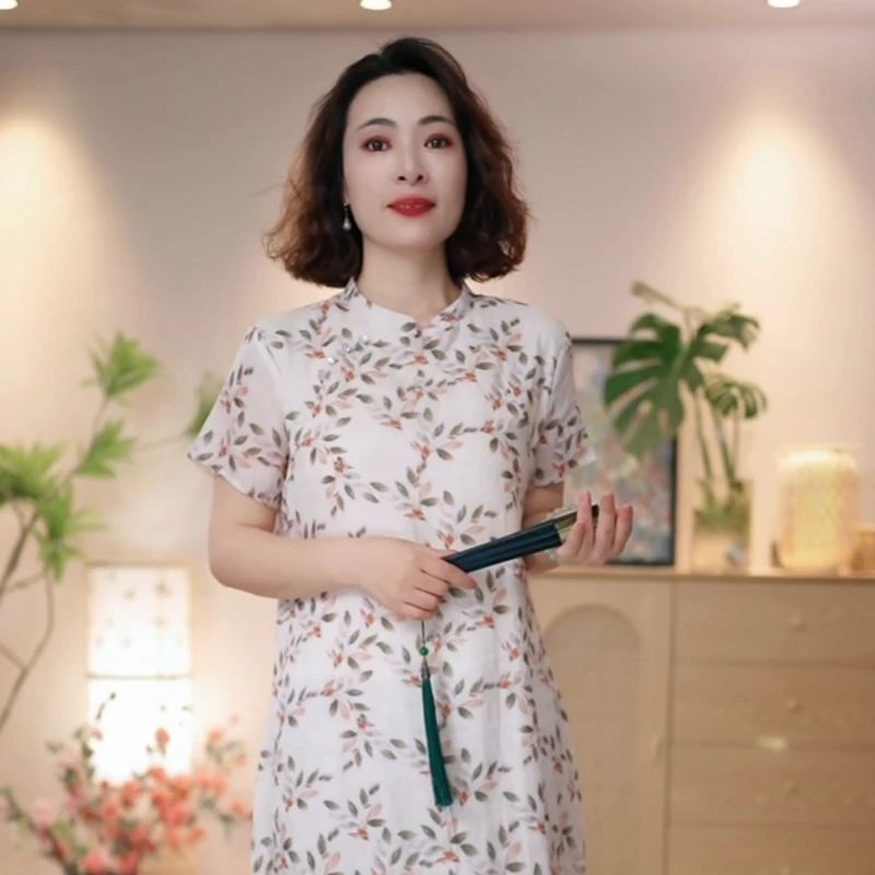 忆江南【花间轻雨】2025新款原创印花新中式斜襟春夏季苎麻改良旗袍