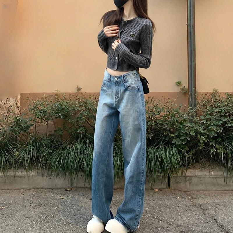VWYZ美式复古裂纹水洗做旧折痕低腰宽松直筒阔腿裤女百搭显瘦长裤
