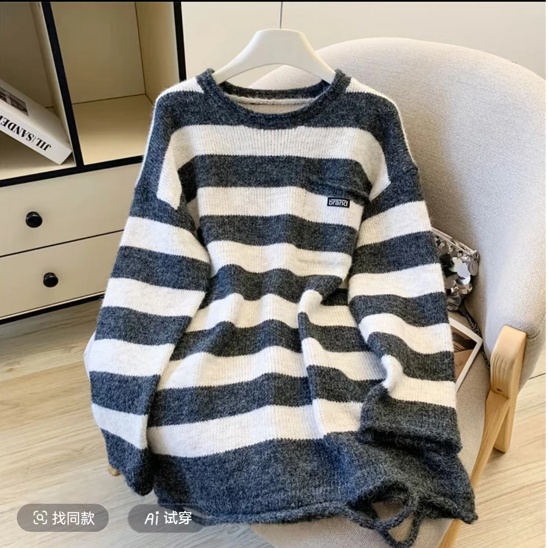 1643#（衣长76）2025冬季文艺复古宽松条纹套头圆领百搭毛衣新款