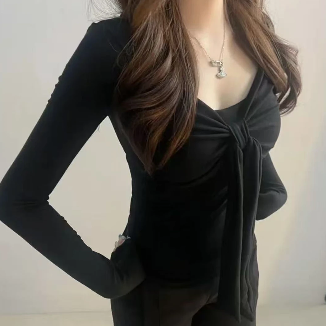 婷婷家蝴蝶结长袖t恤女小个子秋纯欲风收腰显瘦设计感上衣