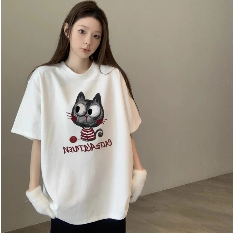 卡通猫咪印花短袖纯棉T恤女2025夏复古宽松小众圆领上衣chic休闲